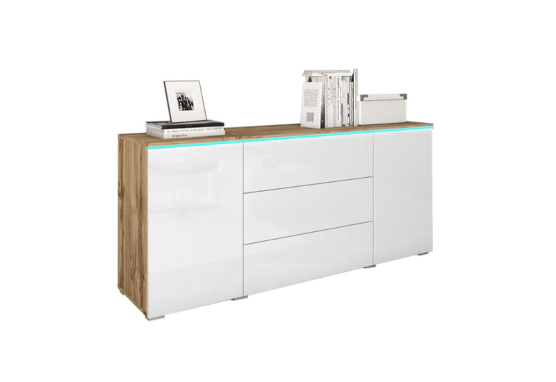 Komoda VERA 150, 150x68x39,5, dub wotan/biela lesk + LED - - 0