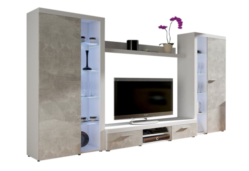 Obývacia stena RUMBA XL, 300x190x34, biela / betón - - 0