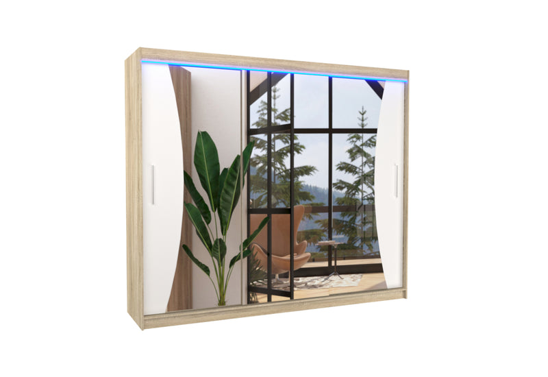 Posuvná skriňa so zrkadlom DIEGO, 250x215x58, sonoma/biela + LED - - 0