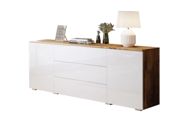 komoda PARIS 150, 150x68x39, wotan/biela lesk - - 0