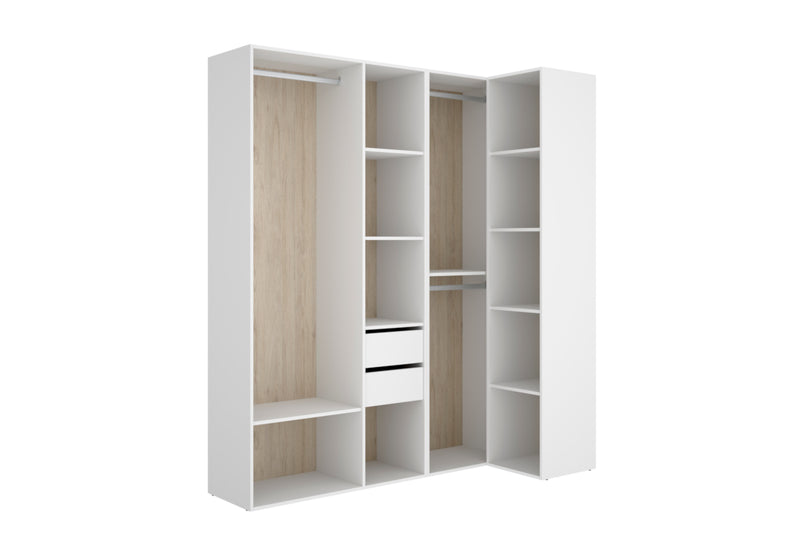 Rohová otvorená šatníková skriňa SUIT 3, 182,5x205x45, biela/prírodná - - 0