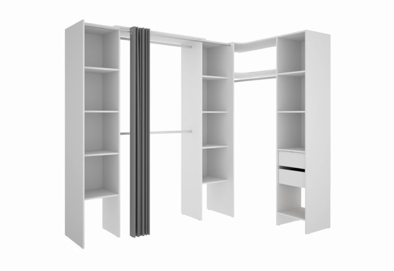 Rohová otvorená šatníková skriňa so závesom SUIT 2, 164-234x205x141, biela - - 0