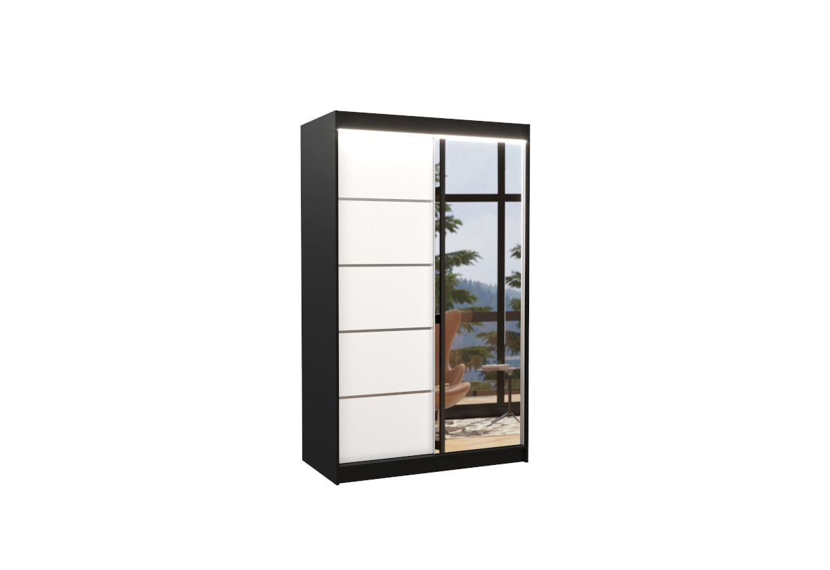 Posuvná skriňa so zrkadlom NICEA, 120x200x58, čierna/biela + LED -  - 0