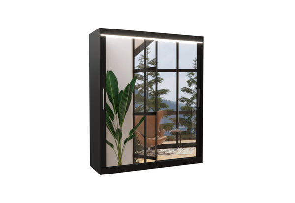 Posuvná skriňa so zrkadlom ETTORE, 180x215x58, čierna + LED -  - 0