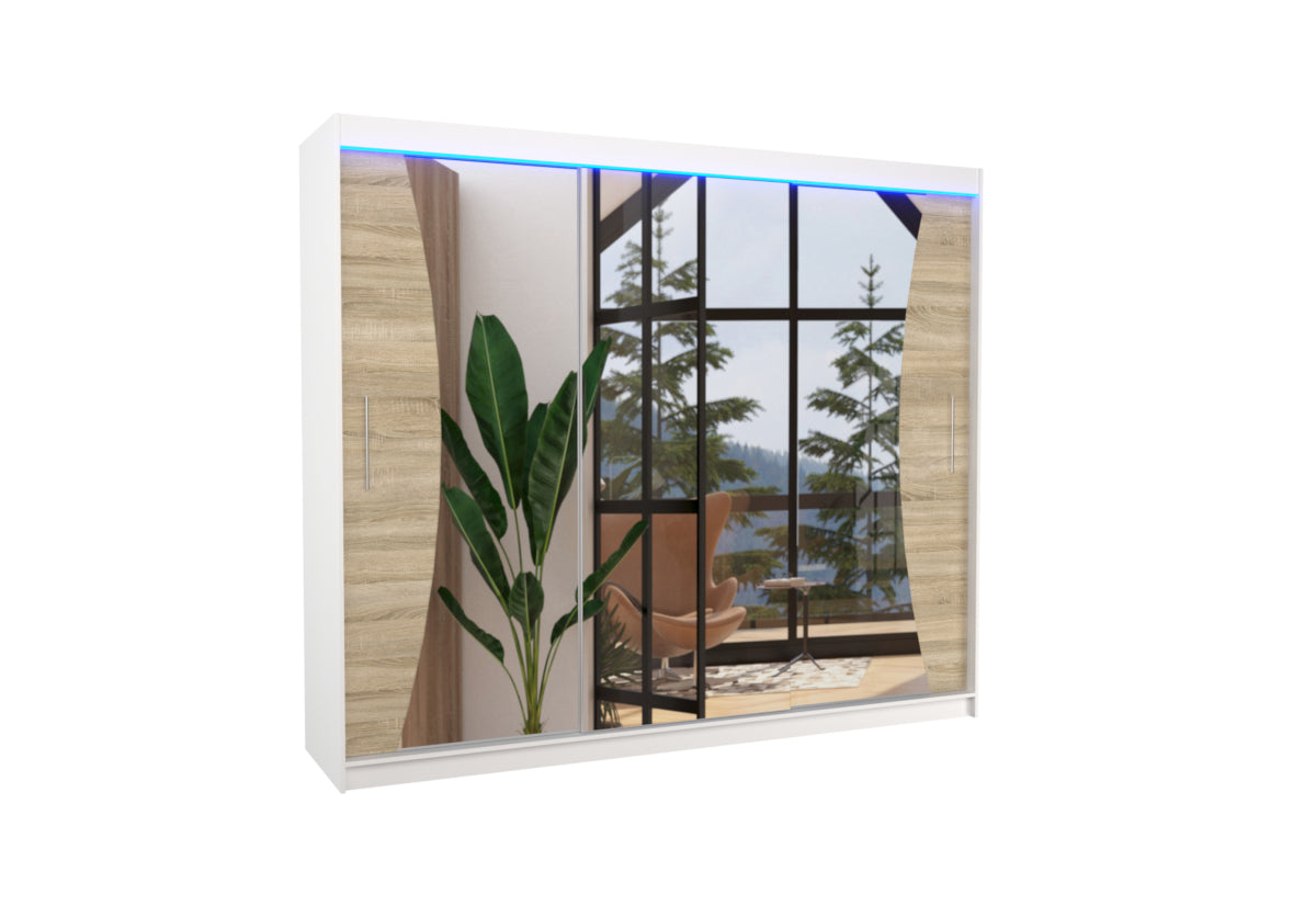 Posuvná skriňa so zrkadlom DIEGO, 250x215x58, biela/sonoma + LED -  - 0
